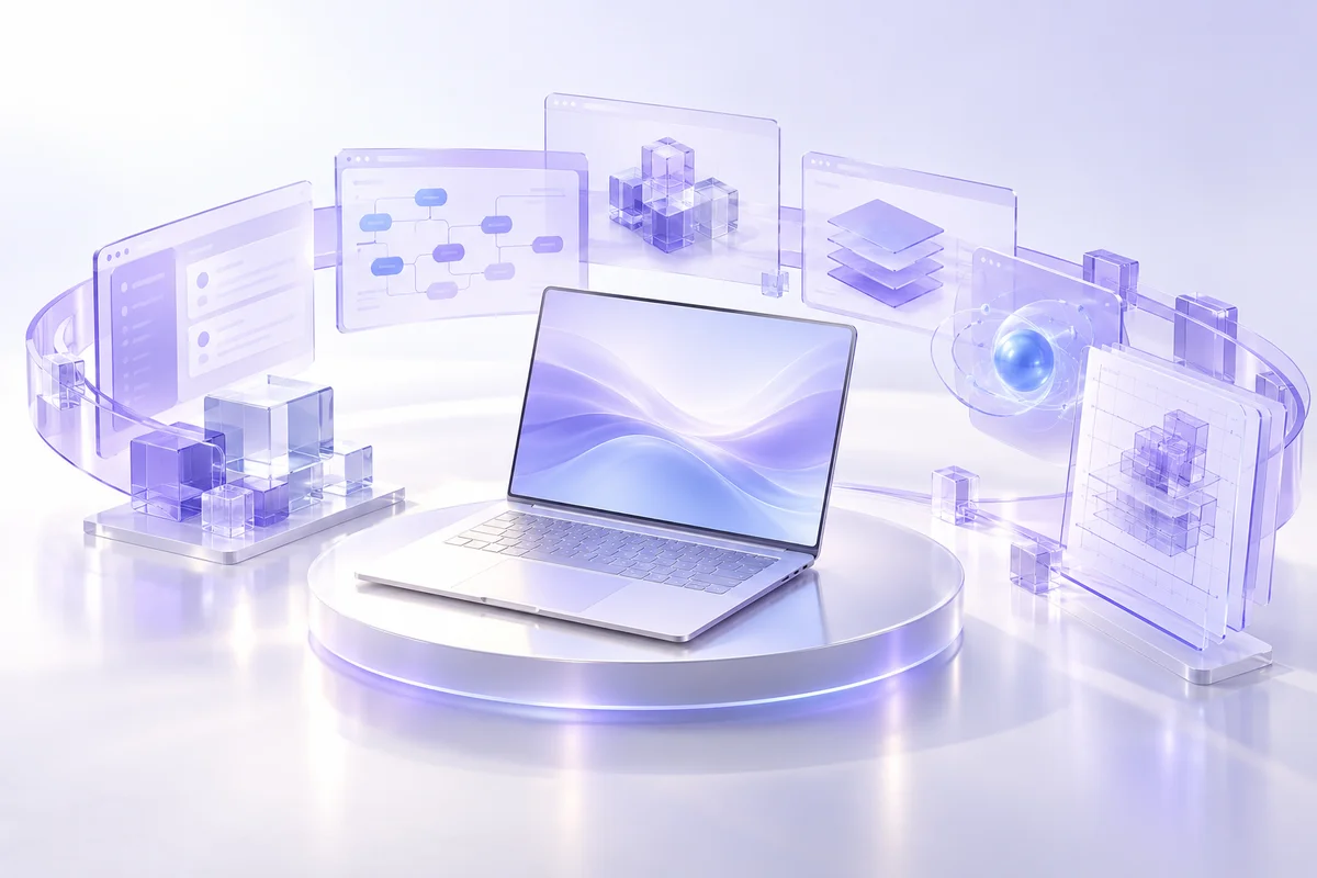 An idea core surrounded by software screens and planning modules